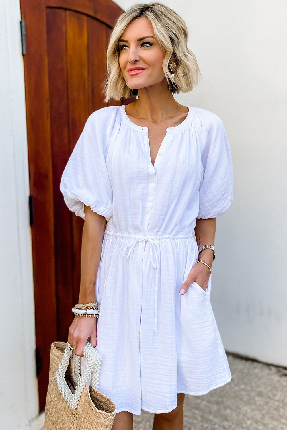 Puff Sleeve Drawstring Shirt Dress with Pockets