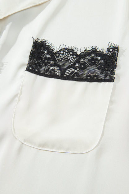 White Long Sleeve Lace Trim Button Front 2pcs Pajama Set
