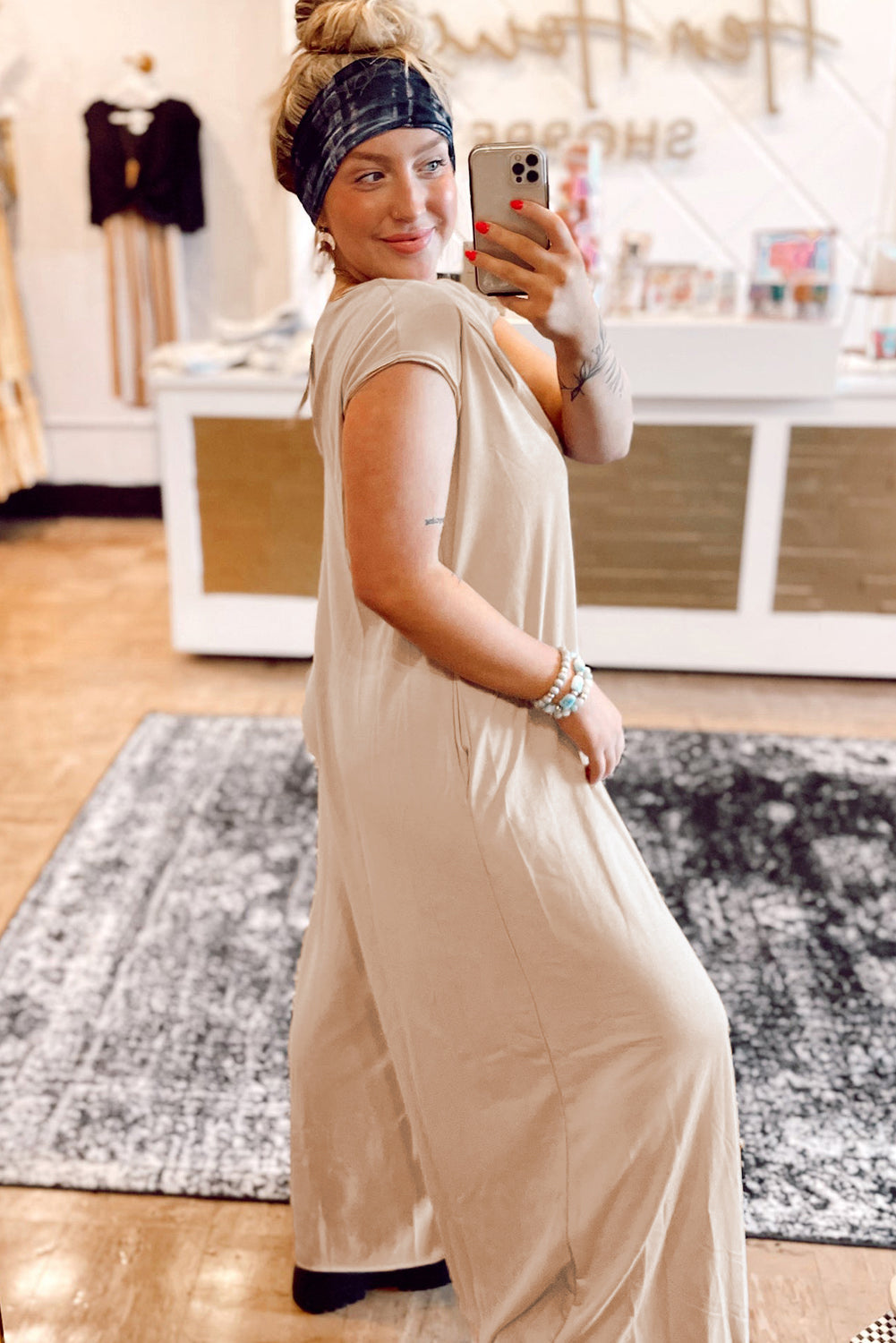 Light French Beige Cap Sleeve Round Neck Curvy Wide Leg Jumpsuit