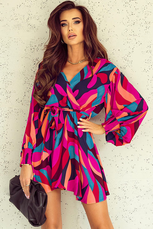 Multicolor Plus Size Abstract Print Oversized Sleeve Belted Dress