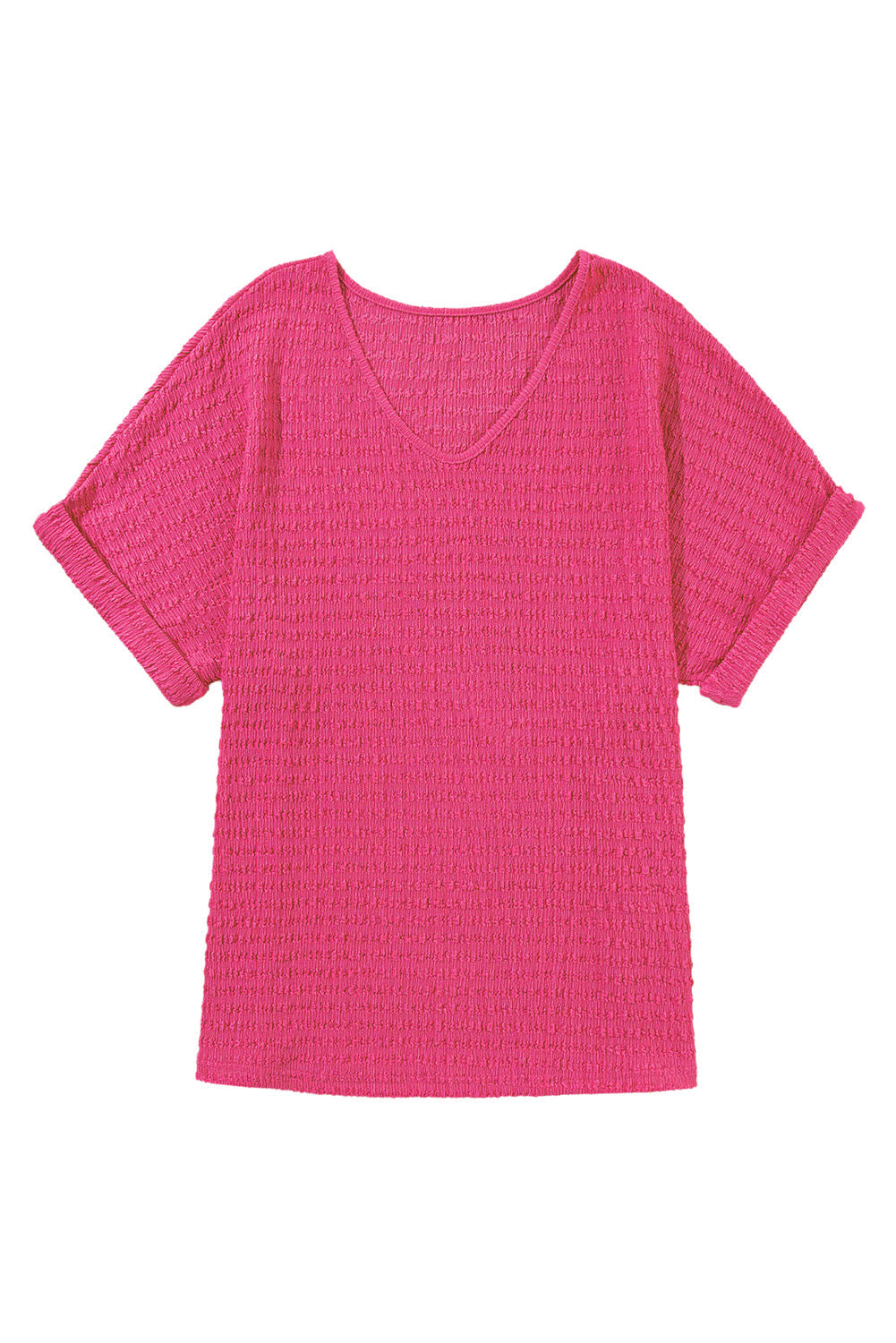 Bright Pink Textured Rolled Short Sleeve V Neck Blouse