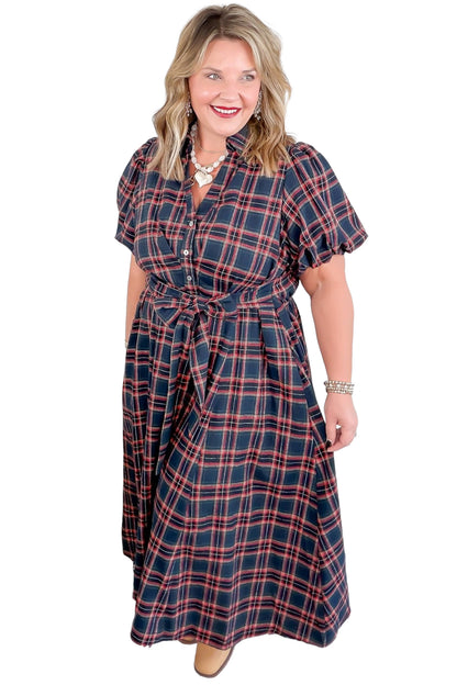 Black Plaid V Neck Belted Waist Short Sleeve Plus Size Dress
