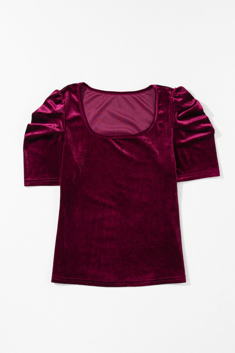 Burgundy Velvet Bubble Sleeve U Neck Plus Size Top