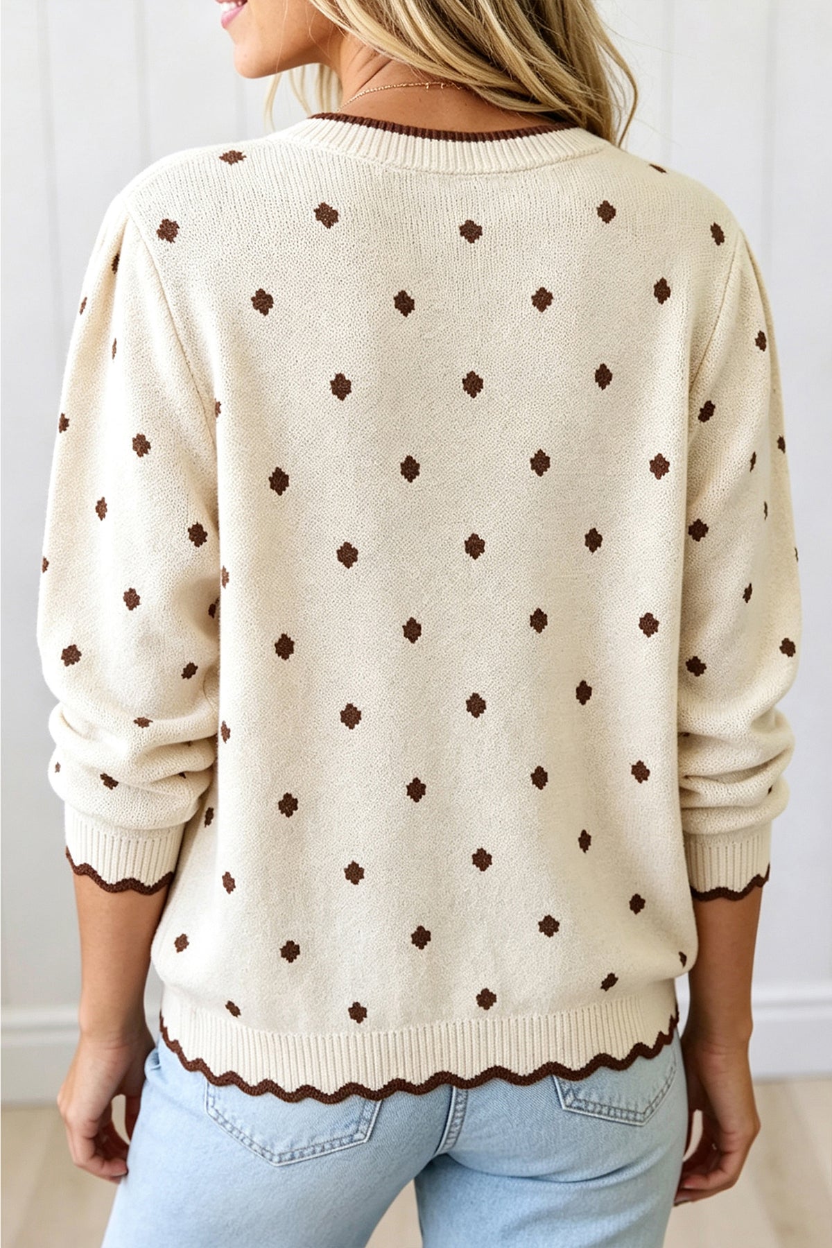 White 100% Cotton Round Neck Polka Dot Long Sleeve Casual Shift Sweater