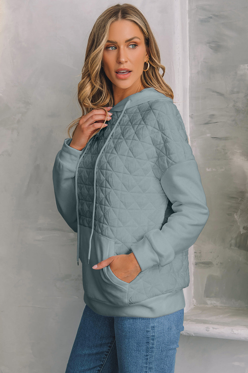 Blackish Green Plus Size Quarter Buttoned Pocketed Quilted Sweatshirt