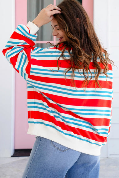 Red Stripe Striped Colorblock Long Sleeve Round Neck Tunic Plus Size Sweatshirt