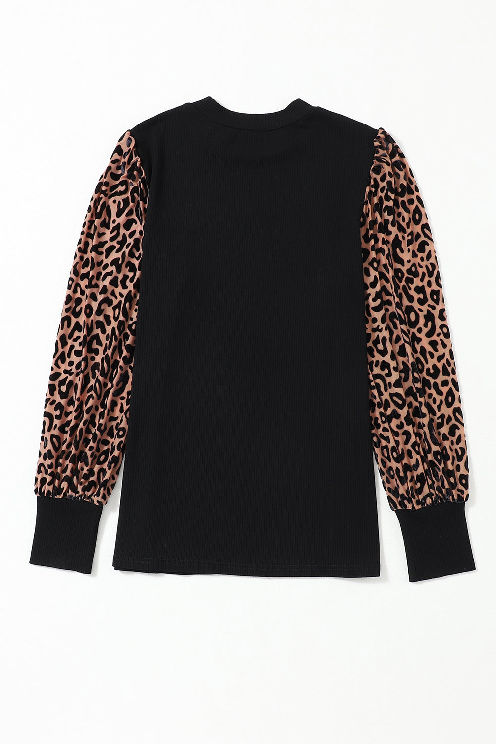 Black Leopard Patchwork Ribbed Knit Mock Neck Plus Size Top