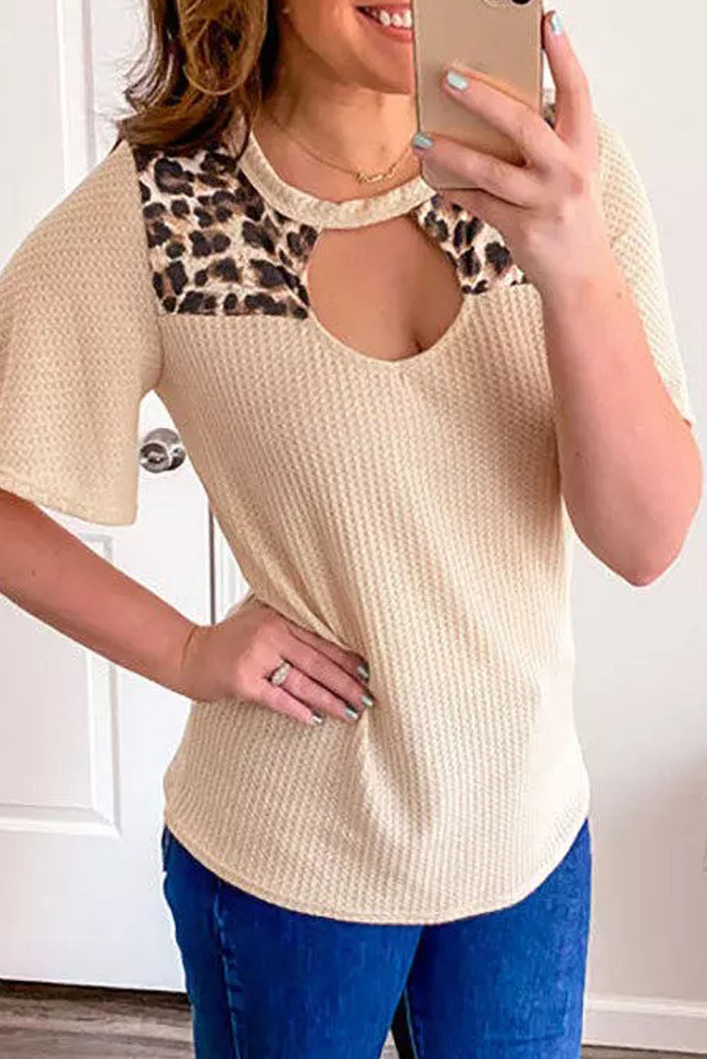 Leopard Casual Waffle Knit Cutout T Shirt