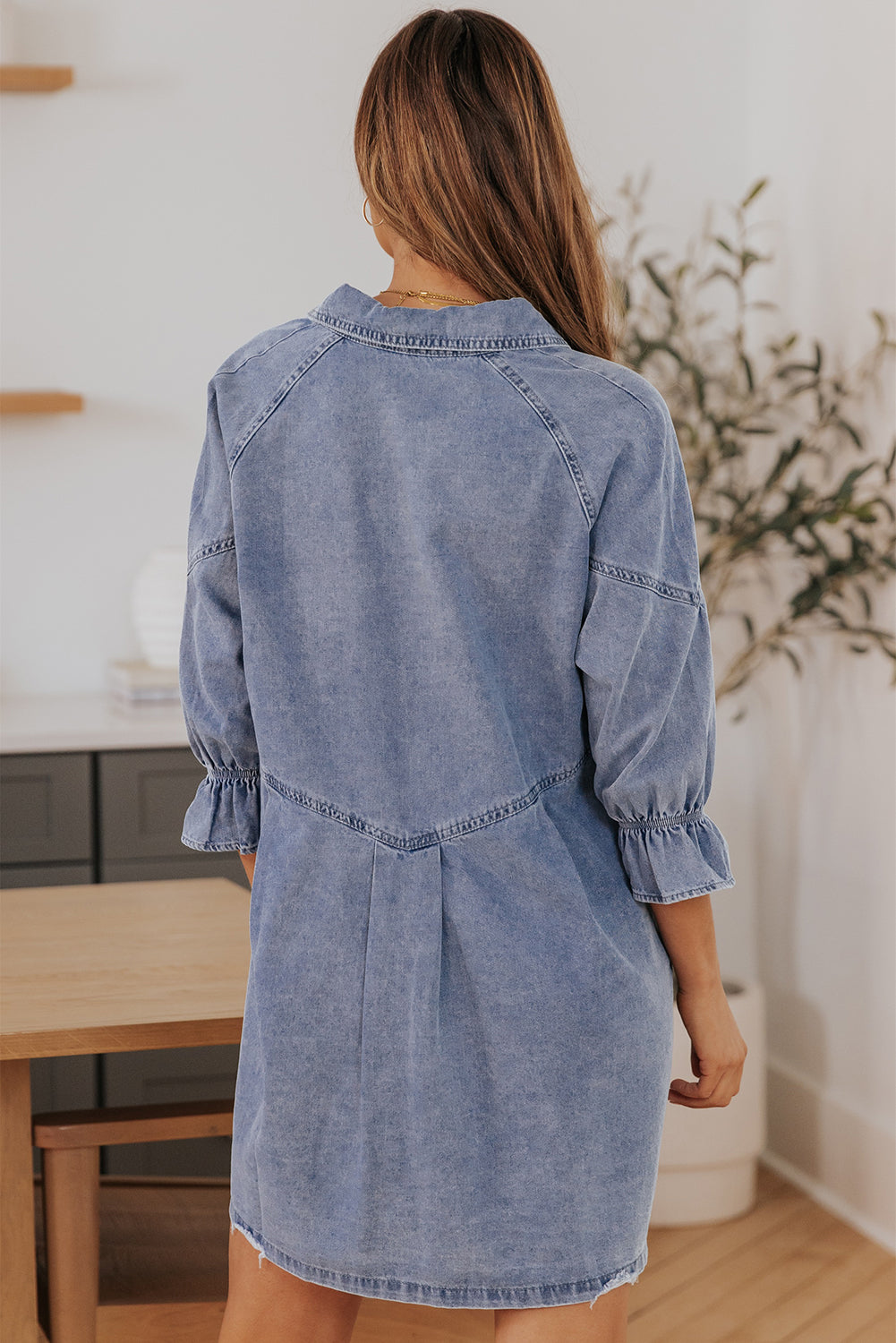 Light Blue Ruffled 3/4 Sleeve Buttoned Front Plus Size Denim Dress