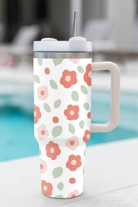 White 60s Floral Print Stainless Large Portable Cup