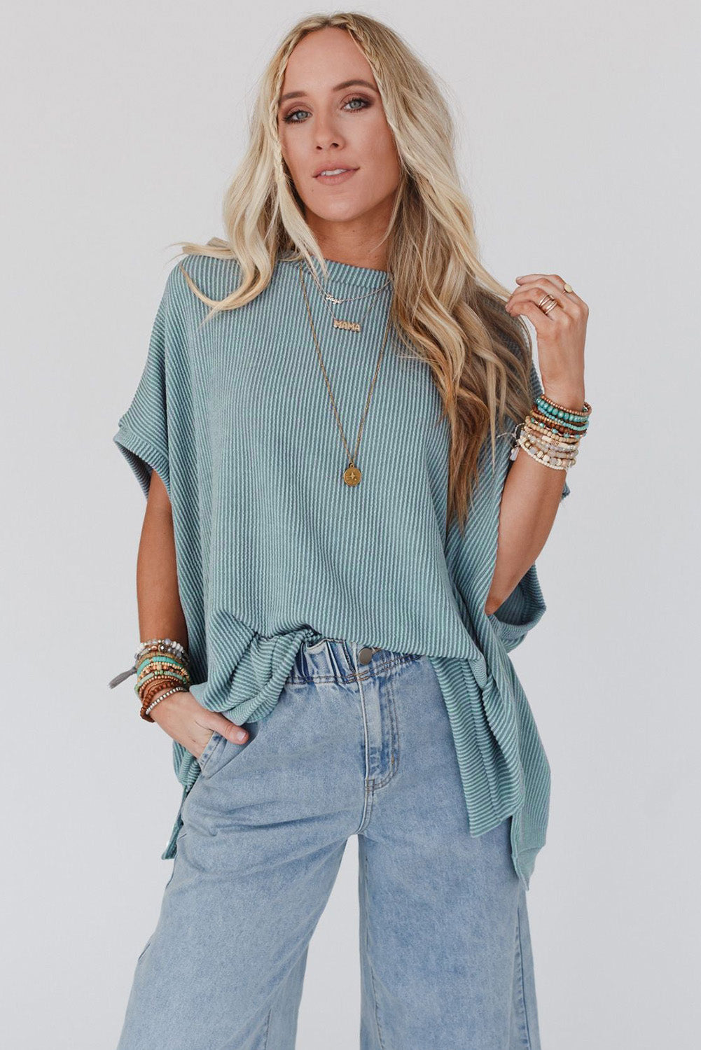 Ribbed Knit Batwing Sleeve Tunic Oversized T Shirt