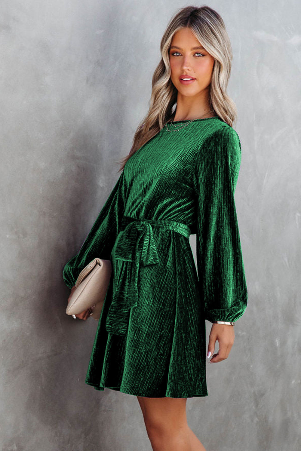 Green Tie Waist Crinkle Velvet Dress