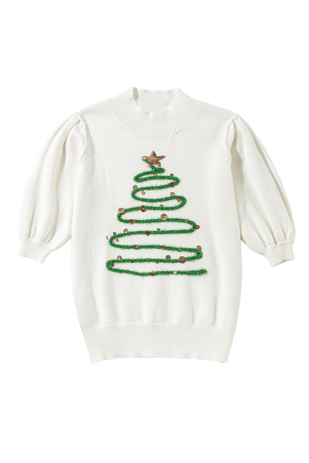 White Tinsel Christmas Tree Puff Short Sleeve Sweater