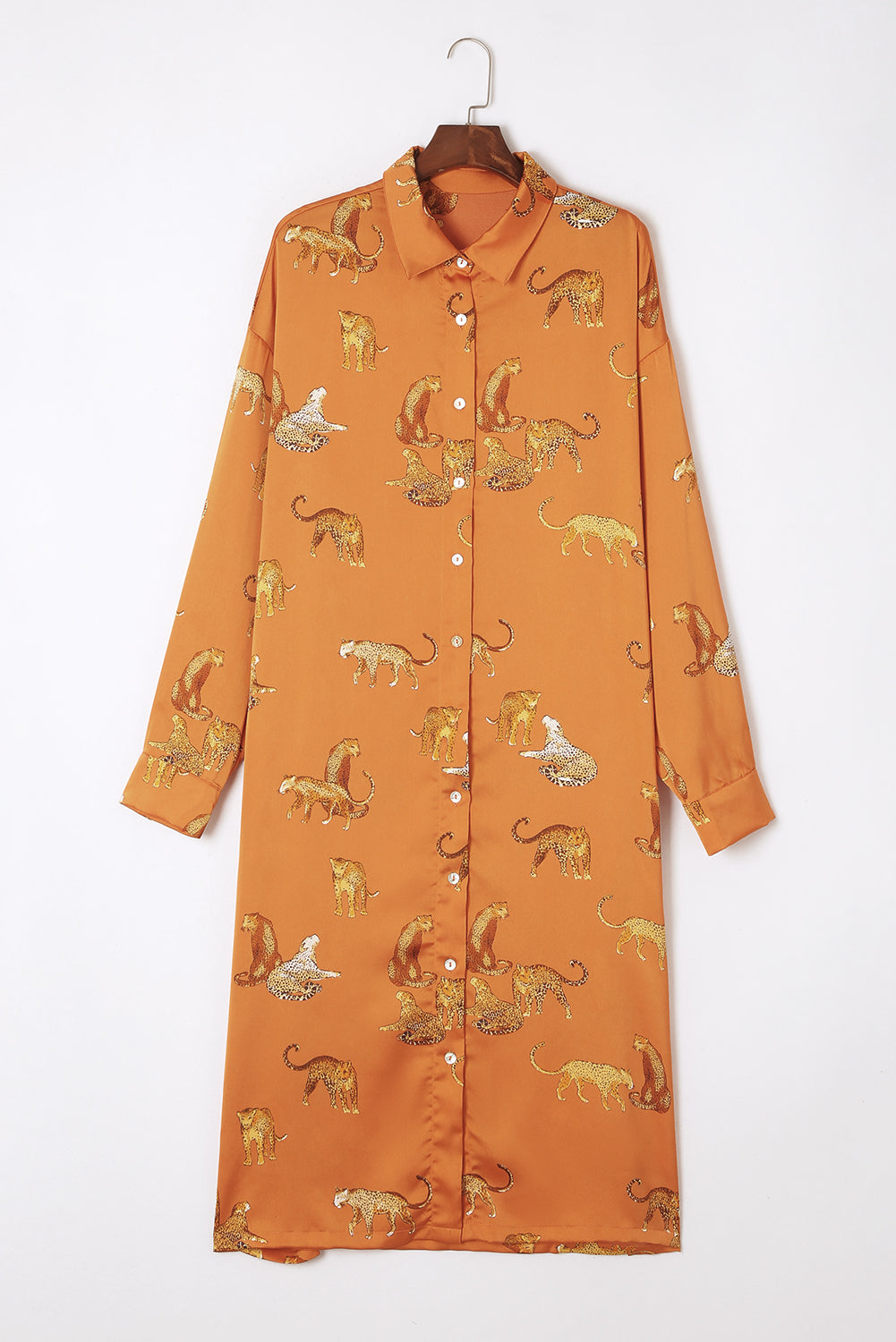 Russet Orange Cheetah Animal Print Button Up Satin Shirt