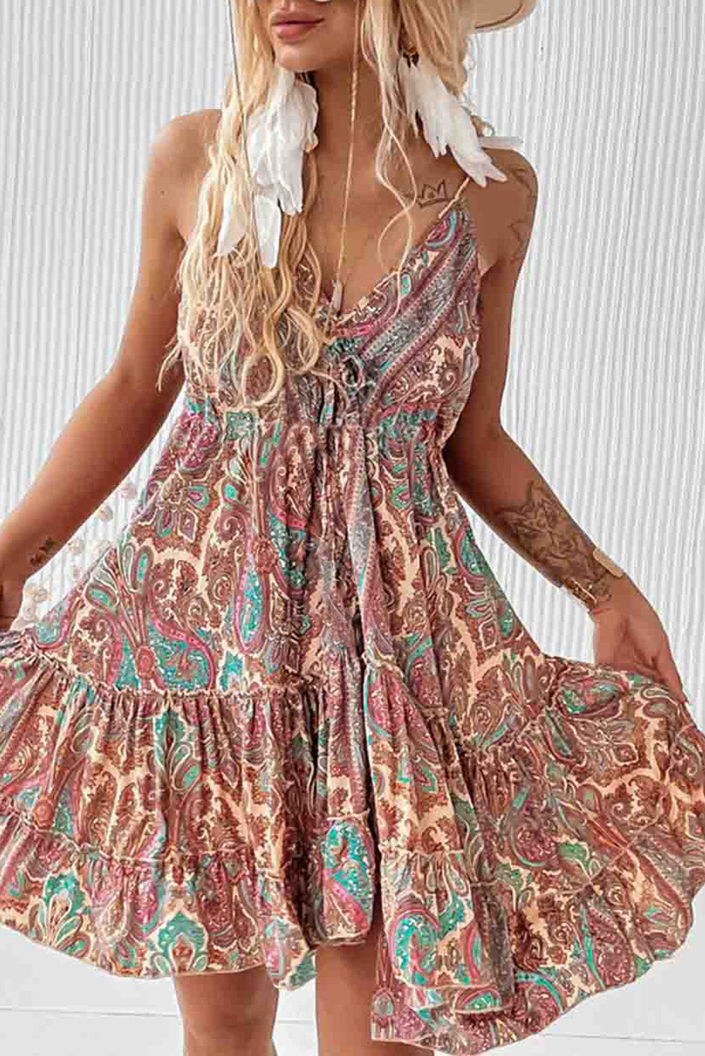 Paisley Print Sleeveless V-Neck Tassel Tie Ruffle Dress