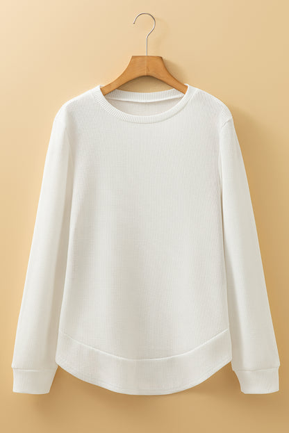 White Rounded Hem Waffle Plain Long Sleeve Top
