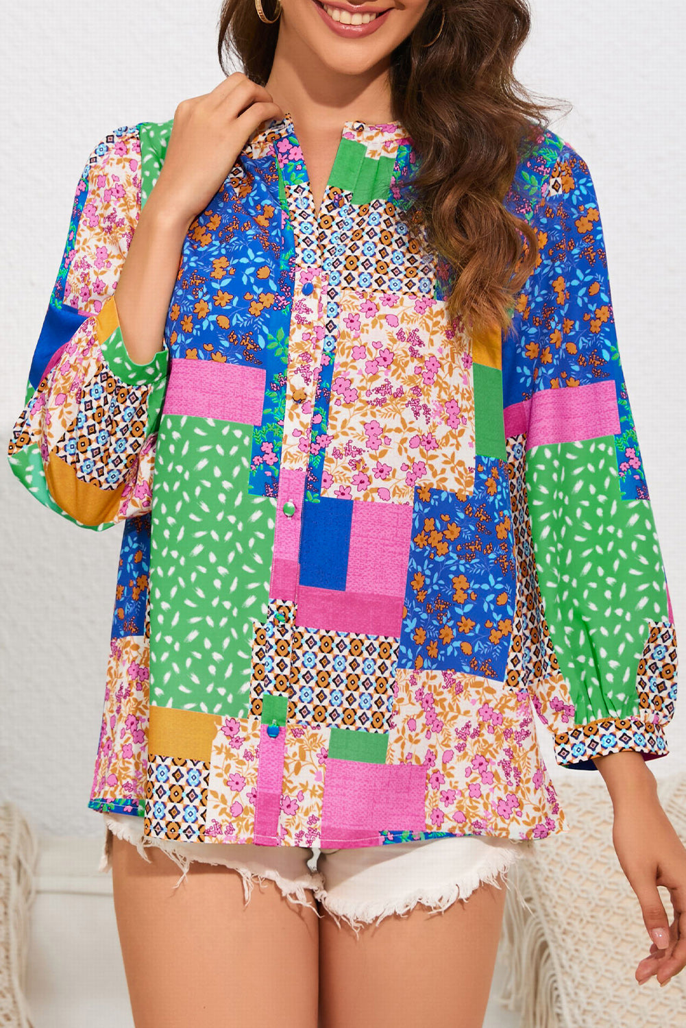 Multicolor Floral Patchwork Print Buttoned Puff Sleeve Shirt