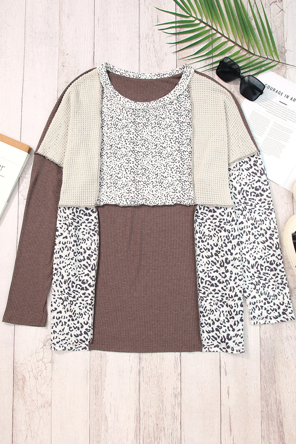 Brown Plus Size Leopard Waffle Ribbed Knit Patchwork Top