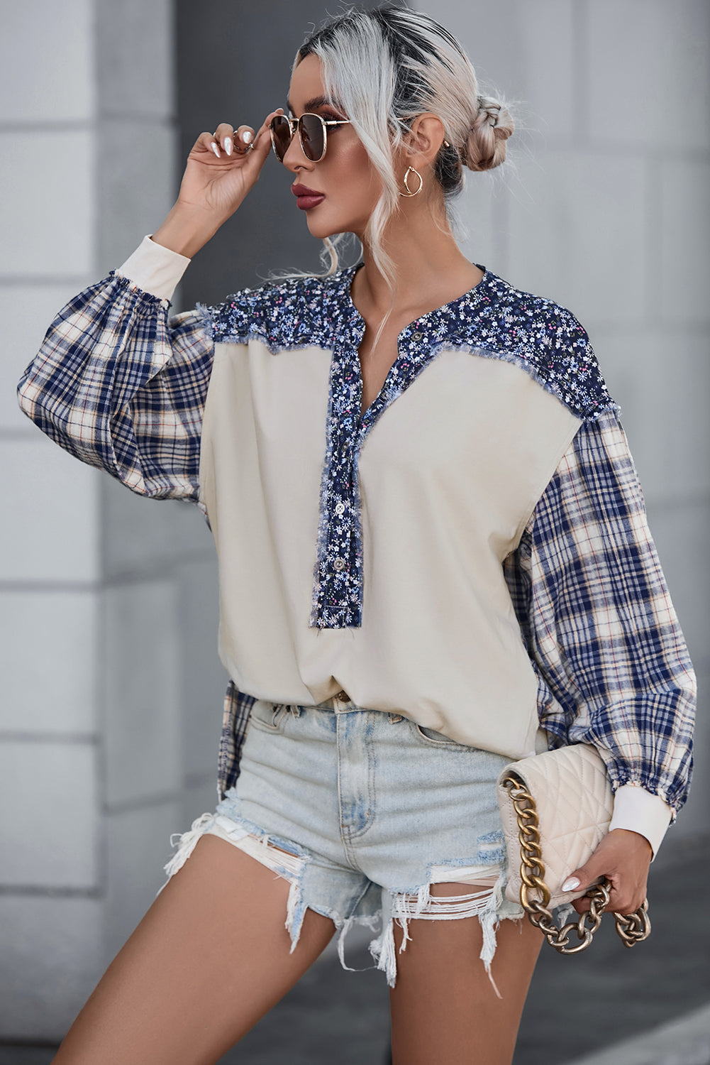 Navy Blue Mixed Print Half Buttons Plus Size Pullover Top