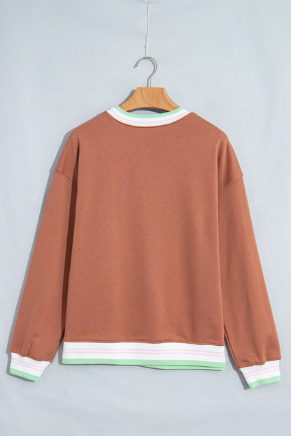 Bright Green Contrast Striped Trim Baggy Pullover Sweatshirt