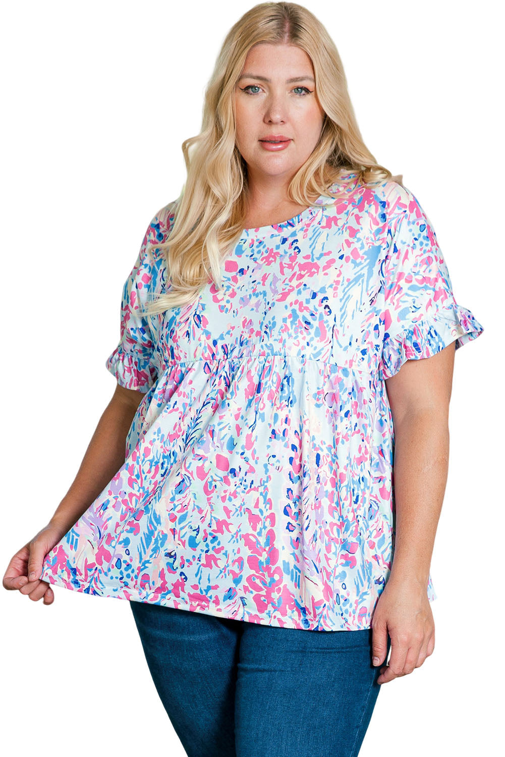 Multicolor Plus Size Floral Print Round Neck Long Sleeve Blouse