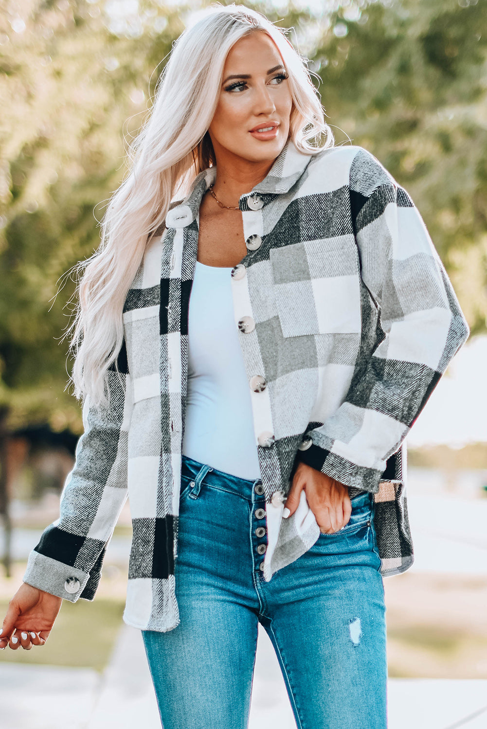 Khaki Plaid Color Block Buttoned Long Sleeve Jacket with Pocket