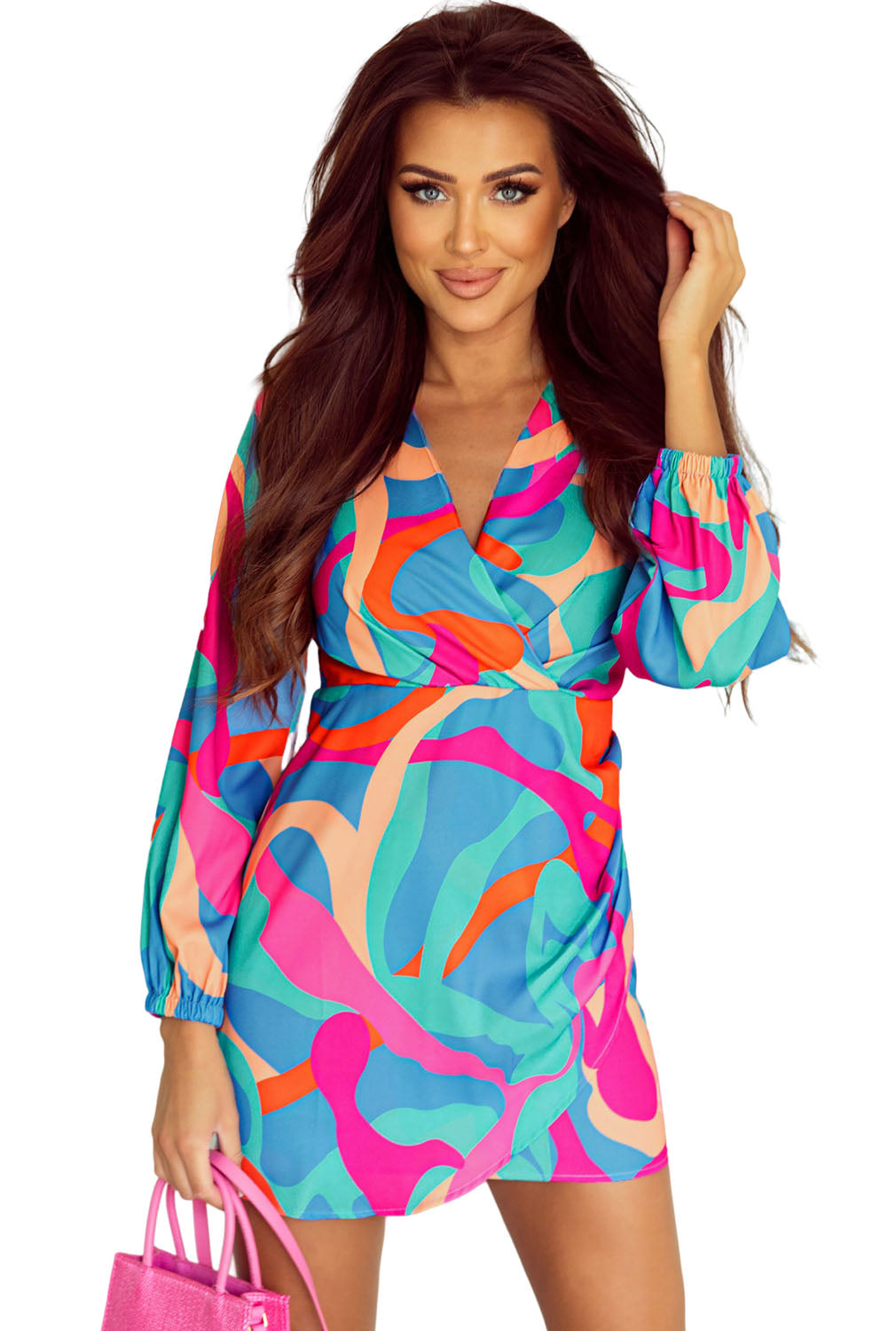 Multicolor Plus Size Abstract Print Pleated Surplice Long Sleeve Dress