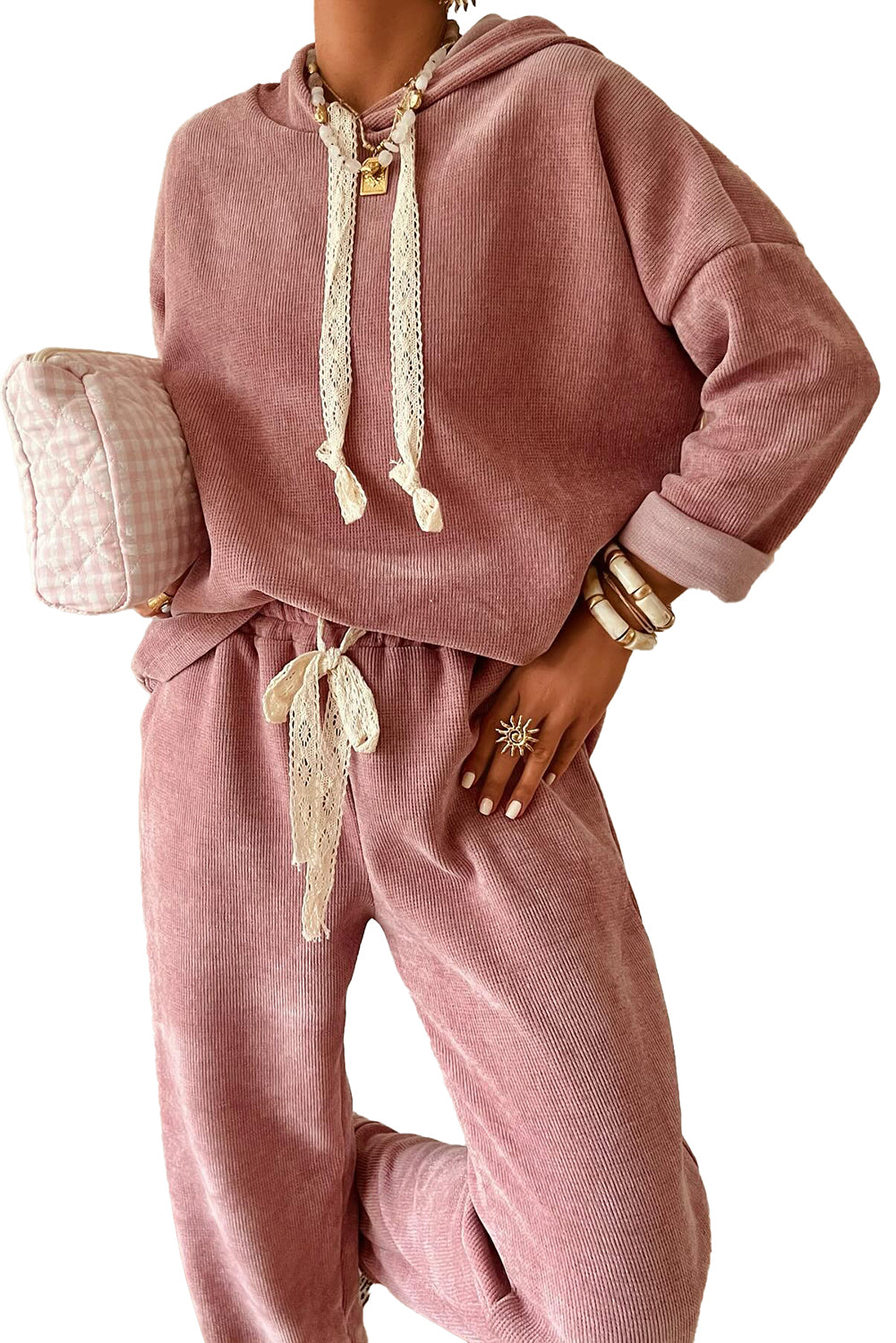 Dark Khaki Drawstring Pullover Hoodie and High Waist Pants Corduroy Suit