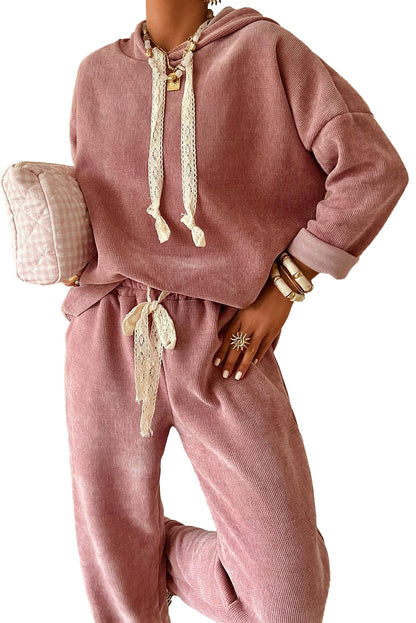 Dark Khaki Drawstring Pullover Hoodie and High Waist Pants Corduroy Suit