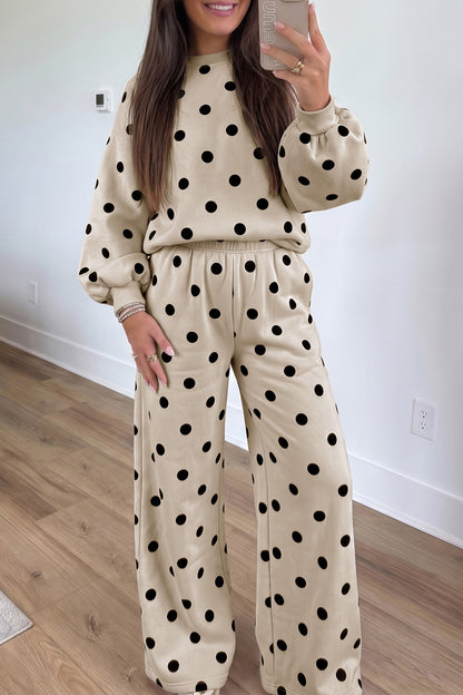Pink Polka Dot Puff Sleeve Top Casual Pants 2pcs Set