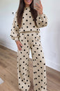 Pink Polka Dot Puff Sleeve Top Casual Pants 2pcs Set