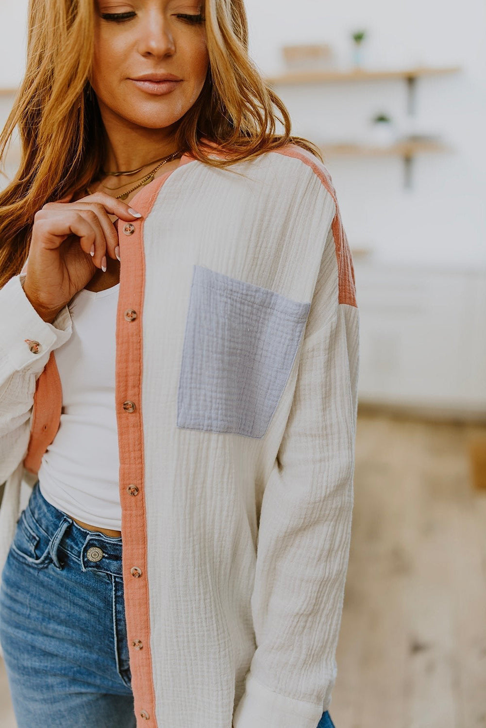 Crinkle Colorblock Chest Pocket Plus Size Shirt