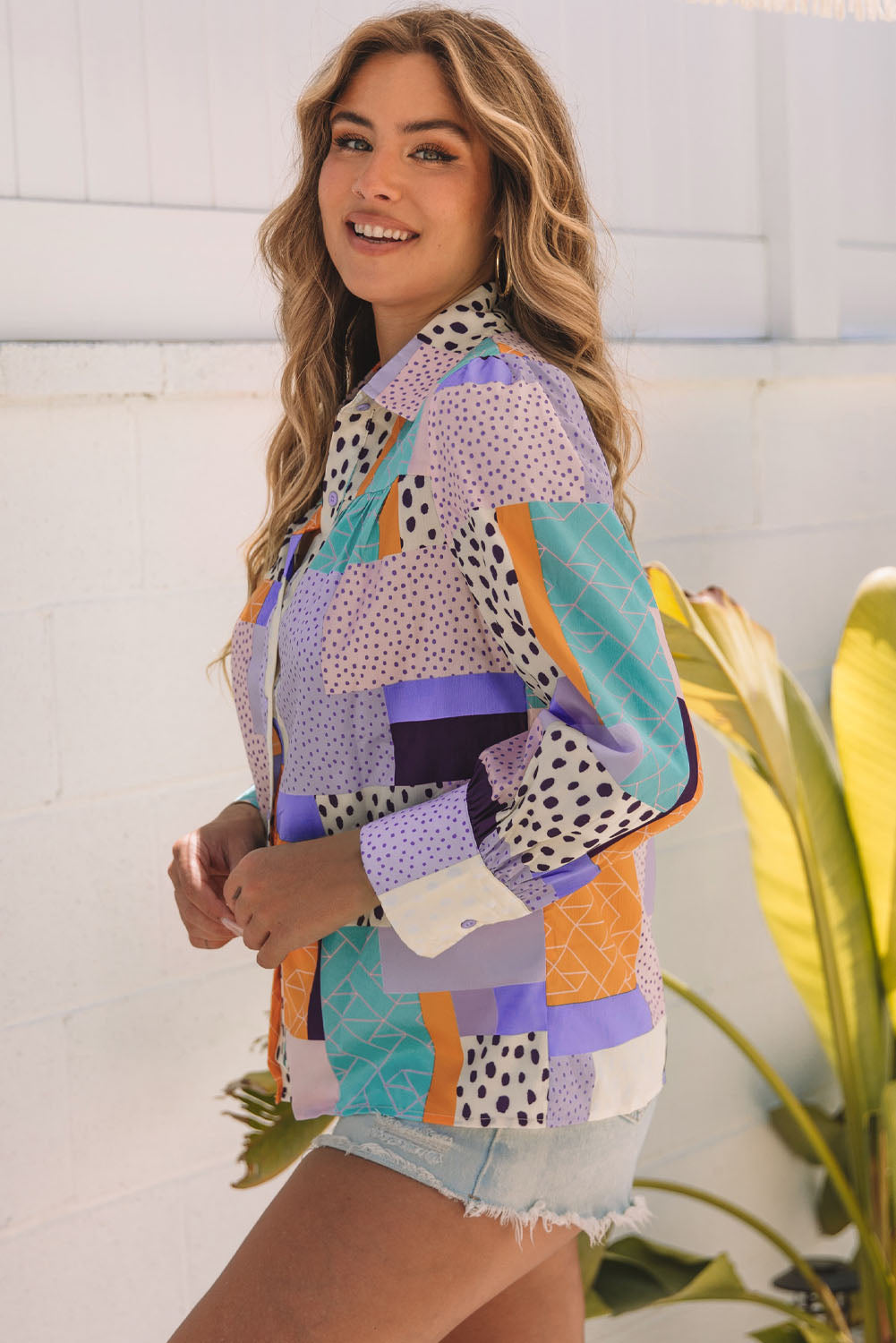 Multicolour Plus Size Mixed Print Buttoned Shirt