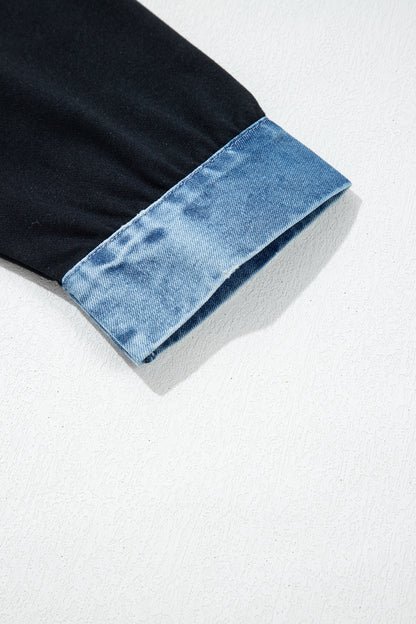 Black Solid Colorblock Long Sleeve V-Neck Plus Size Blouse