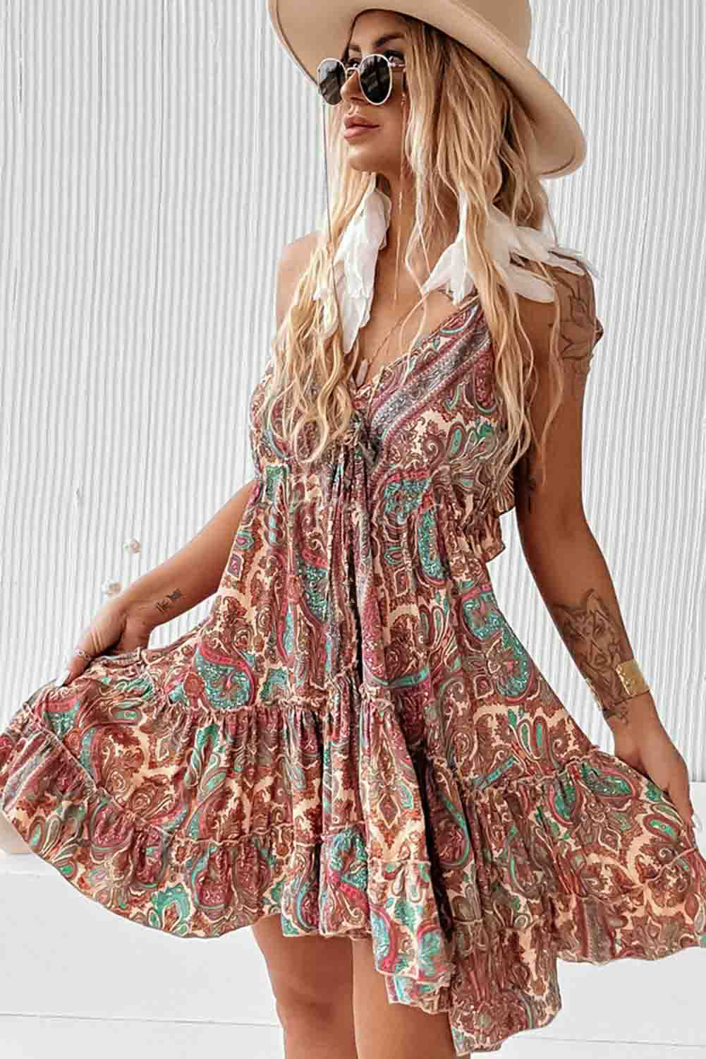 Paisley Print Sleeveless V-Neck Tassel Tie Ruffle Dress