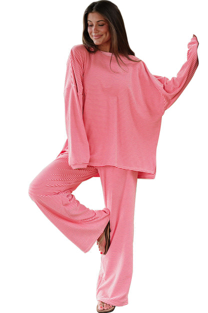 Pink Striped Drop Shoulder Long Sleeve Pant Set