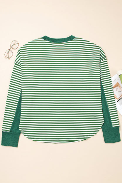 Green Stripe Exposed Seam Patchwork Plus Size Thermal Waffle Top
