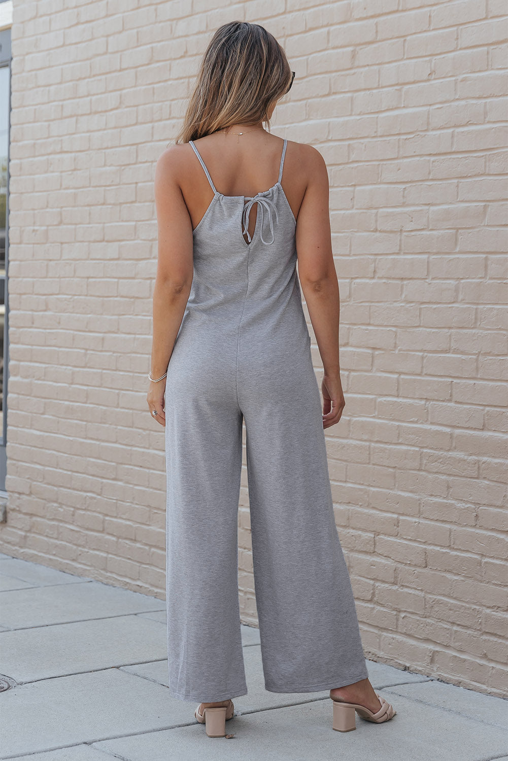 Gray Plus Size Solid Color Spaghetti Straps Wide Leg Jumpsuit