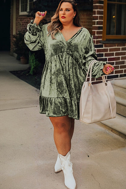Jungle Green Plus Size Velvet Babydoll Mini Dress with Puff Sleeve