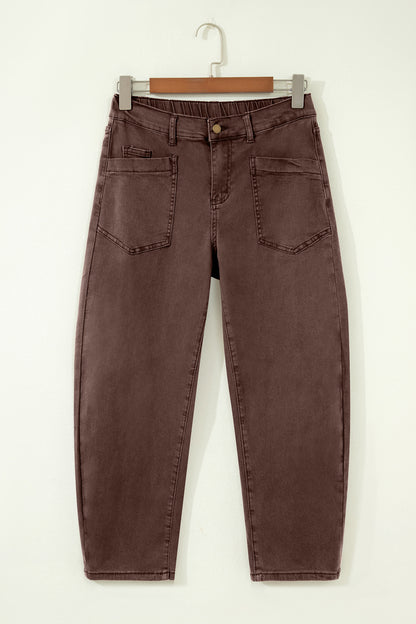 Four Leaf Clover Solid Color Square Patch Pocket Ankle-length Barrel Jeans