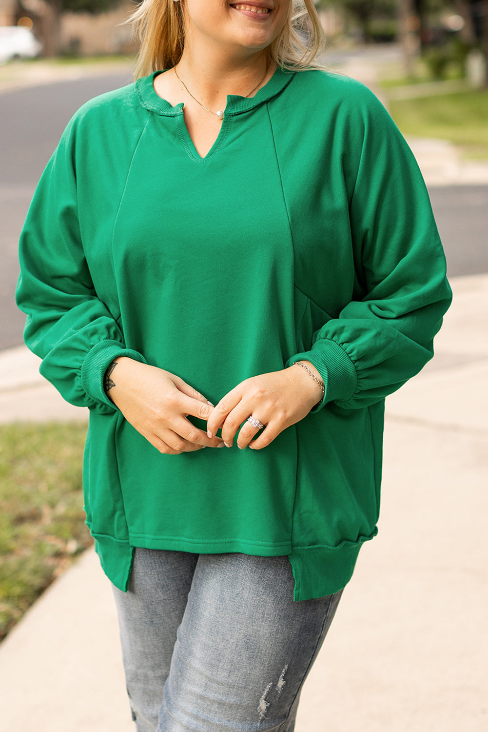 Bright Green Exposed Seam Notched Neck Drop Shoulder Plus Sweatshirt