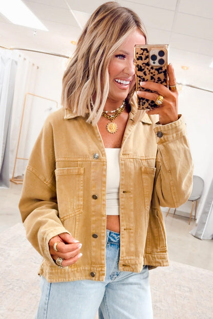 honey gold Metal Button Front Long Sleeve Collar Denim Jacket