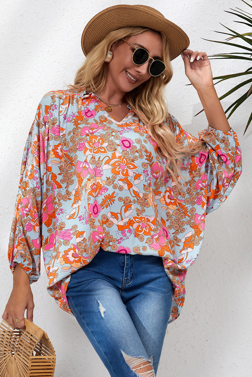 Blue Frilled Off Shoulder Floral Blouse