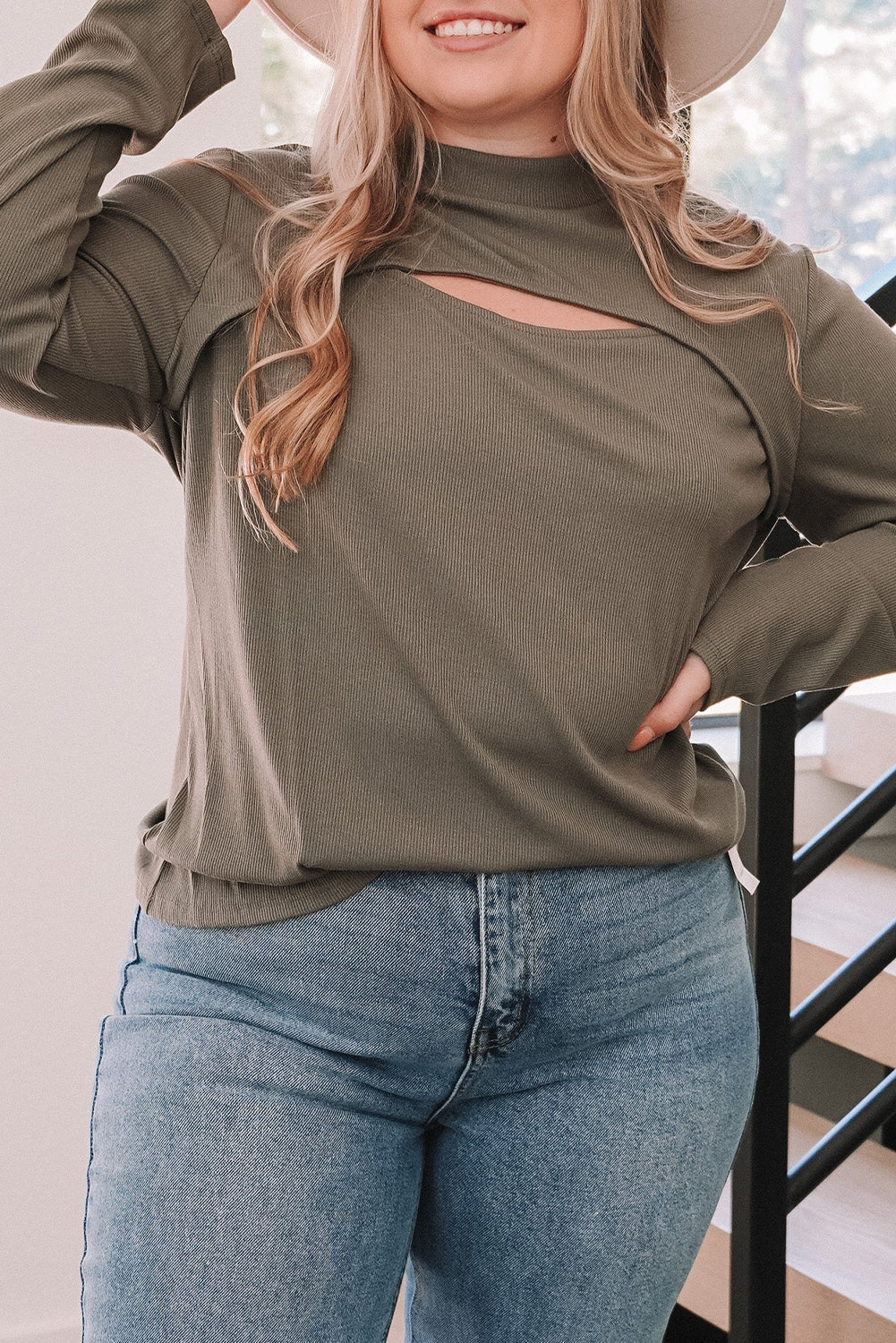 Plus Size Ribbed Mock Neck Peek-A-Boo Cut Out Top