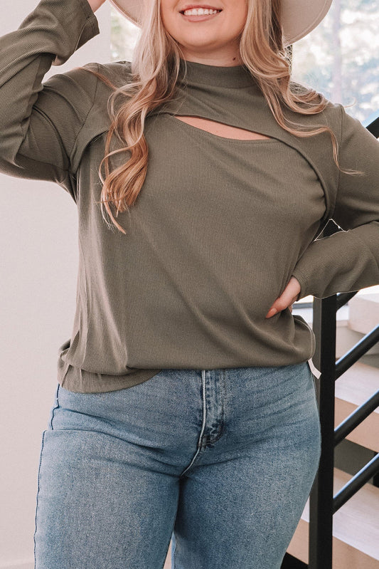 Plus Size Ribbed Mock Neck Peek-A-Boo Cut Out Top