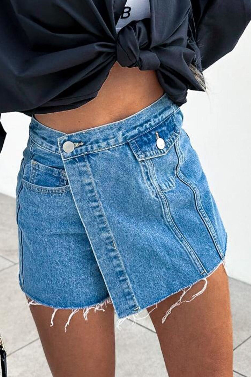 Button Wrap Over Raw Hem Denim Shorts