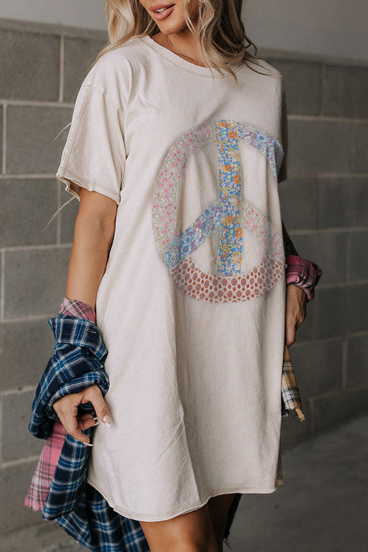 White Floral Peace Sign Graphic T Shirt Dress