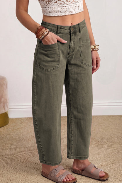 Four Leaf Clover Solid Color Square Patch Pocket Ankle-length Barrel Jeans