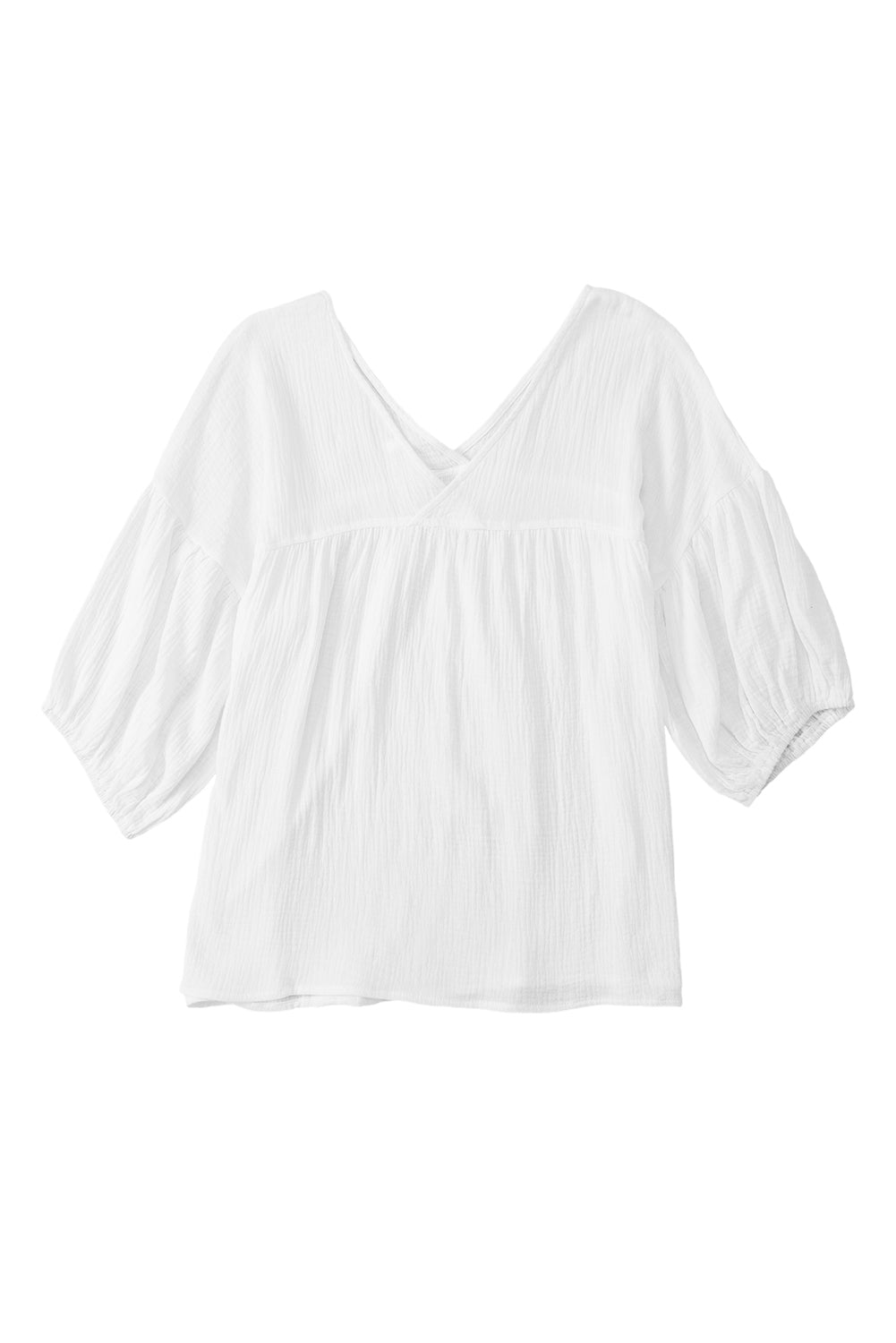 White Textured V Neck Bracelet Sleeve Babydoll Blouse