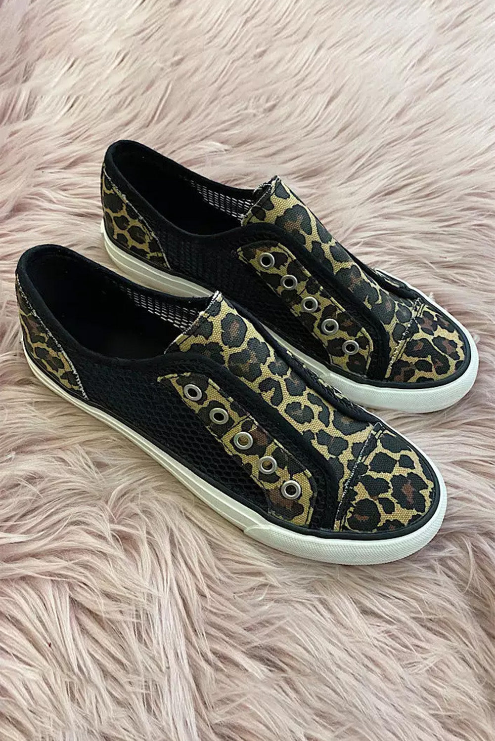 Leopard Mesh Patchwork Slip On Canvas Shoes